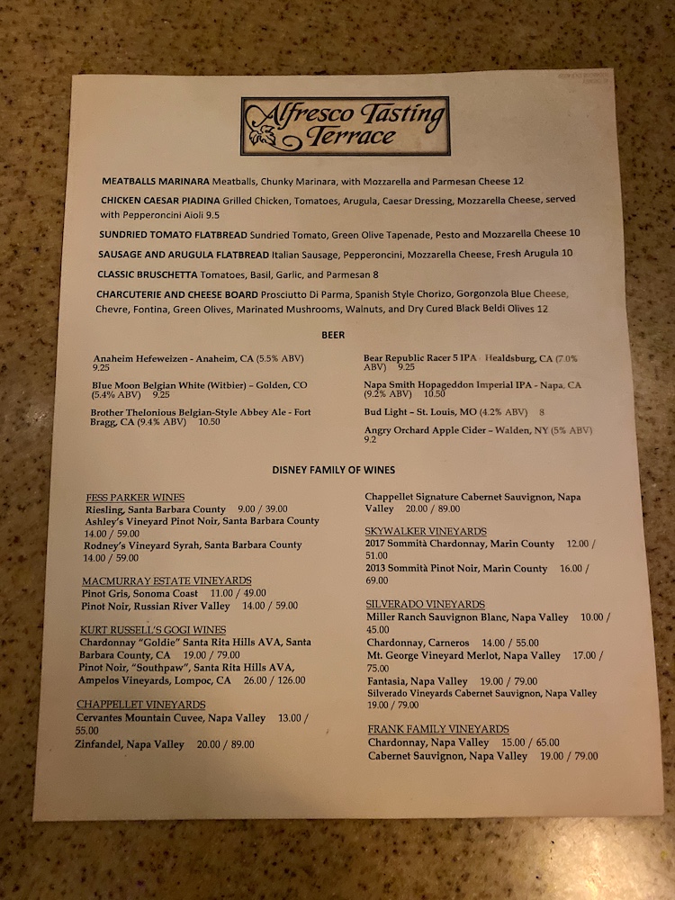 Alfresco Tasting Terrace menu