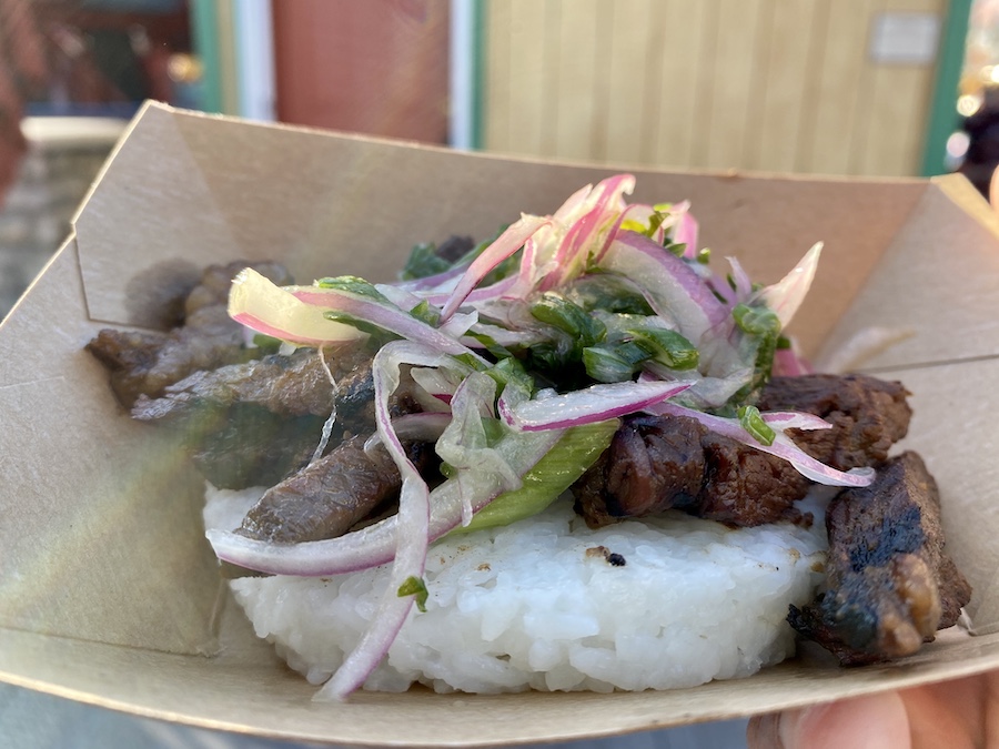 Lucky 8 Lantern Smoked Beef Bulgogi Short Rib on Rice Cake and Green Onion Salad