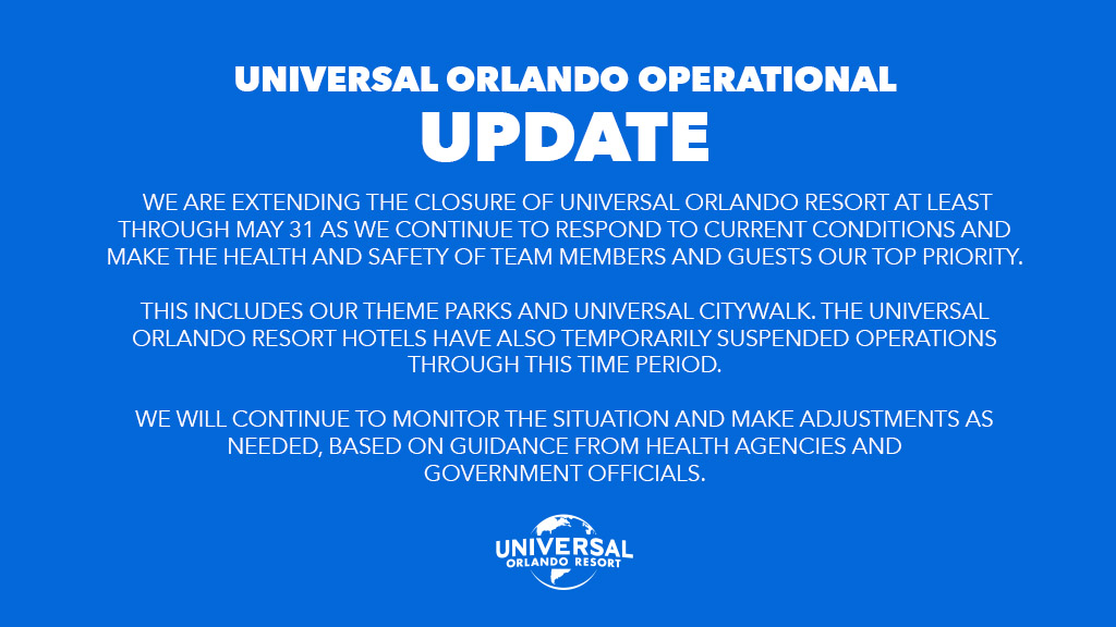 Universal Studios Closures through May 31, 2020