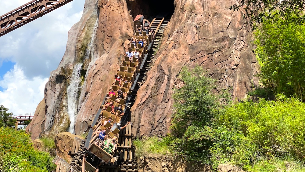Guests wearing face masks on the Expedition Everest coaster at Disney's Animal Kingdom
