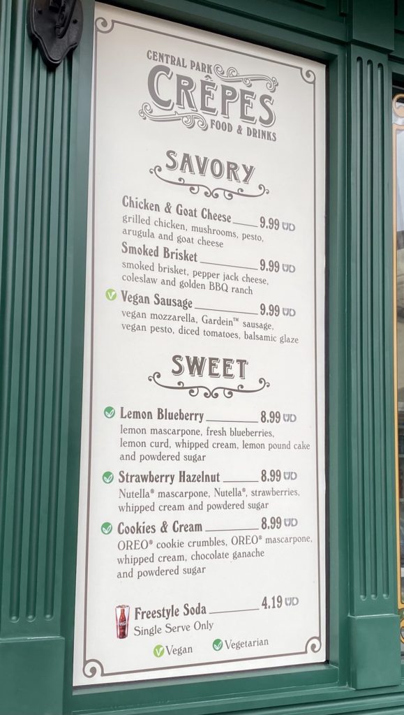 Central Park Crepes Menu in Universal Studios Florida