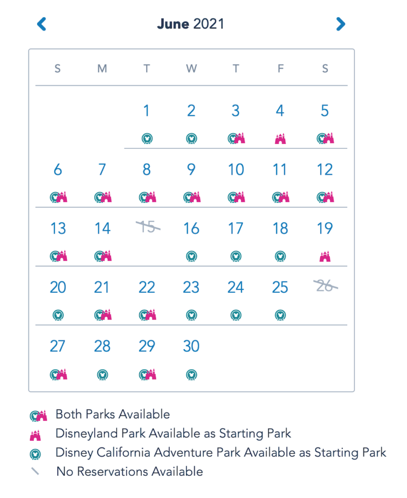 Disneyland reservation calendar for June 2021