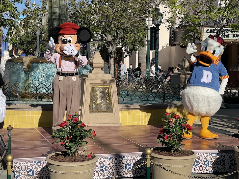 Mickey Mouse and Donald Duck have socially distanced greets at Disney California Adventure