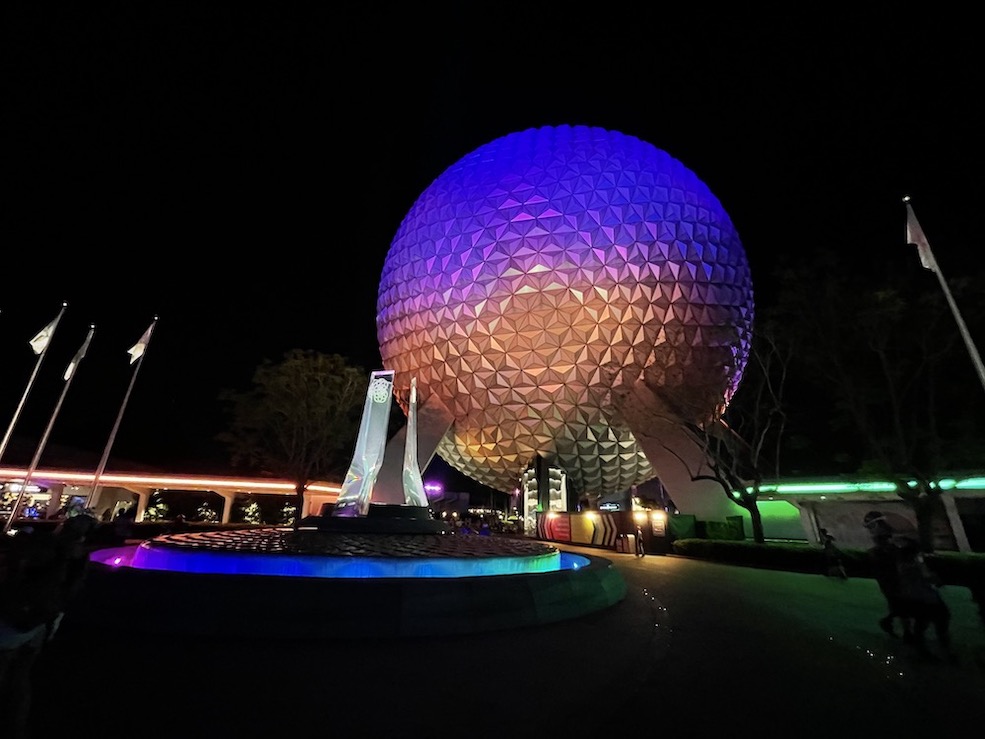 Spaceship Earth in Epcot at night