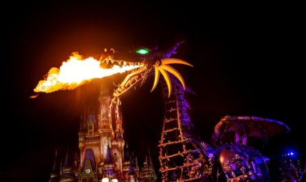 Maleficent Dragon breathing fire at night in Magic Kingdom